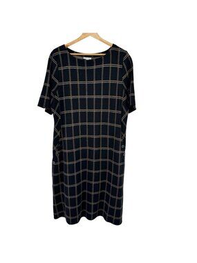 J. Jill Black Tan Plaid Ponte Dress Short Sleeve size Large Womens